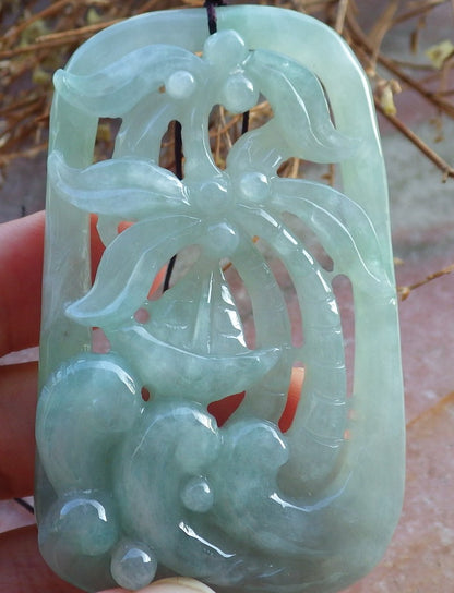 Certified Hand Carved Icy Green Natural A Jade Jadeite Lucky Sailboat Tree Ruyi Pendant Necklace