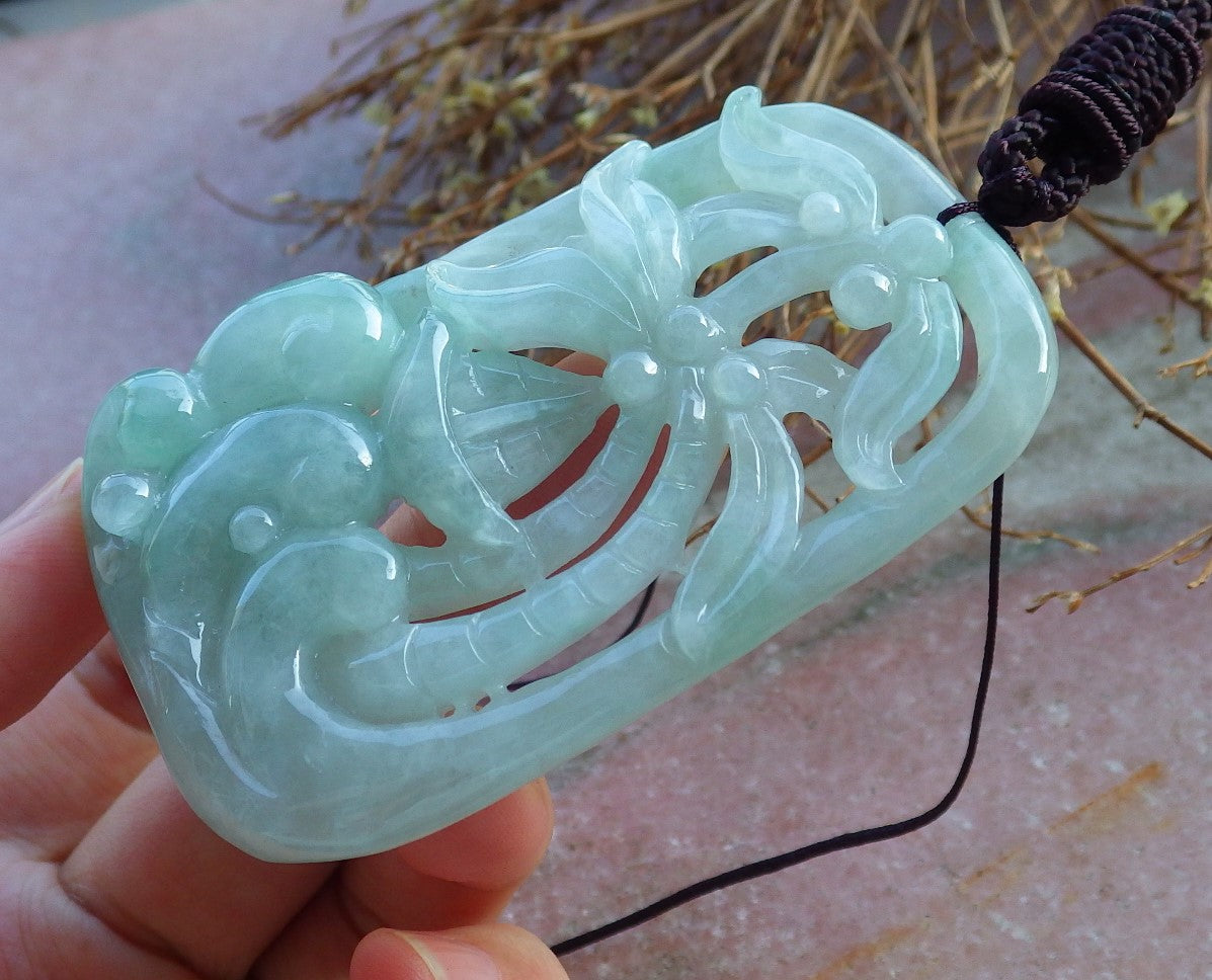 Certified Hand Carved Icy Green Natural A Jade Jadeite Lucky Sailboat Tree Ruyi Pendant Necklace