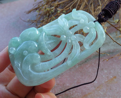 Certified Hand Carved Icy Green Natural A Jade Jadeite Lucky Sailboat Tree Ruyi Pendant Necklace