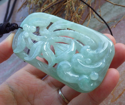 Certified Hand Carved Icy Green Natural A Jade Jadeite Lucky Sailboat Tree Ruyi Pendant Necklace