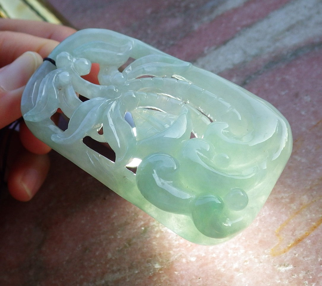 Certified Hand Carved Icy Green Natural A Jade Jadeite Lucky Sailboat Tree Ruyi Pendant Necklace