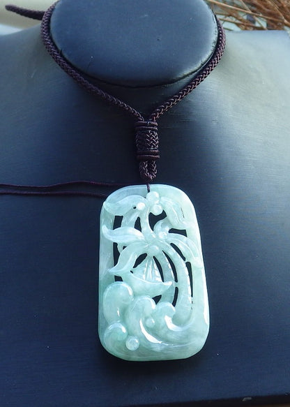 Certified Hand Carved Icy Green Natural A Jade Jadeite Lucky Sailboat Tree Ruyi Pendant Necklace