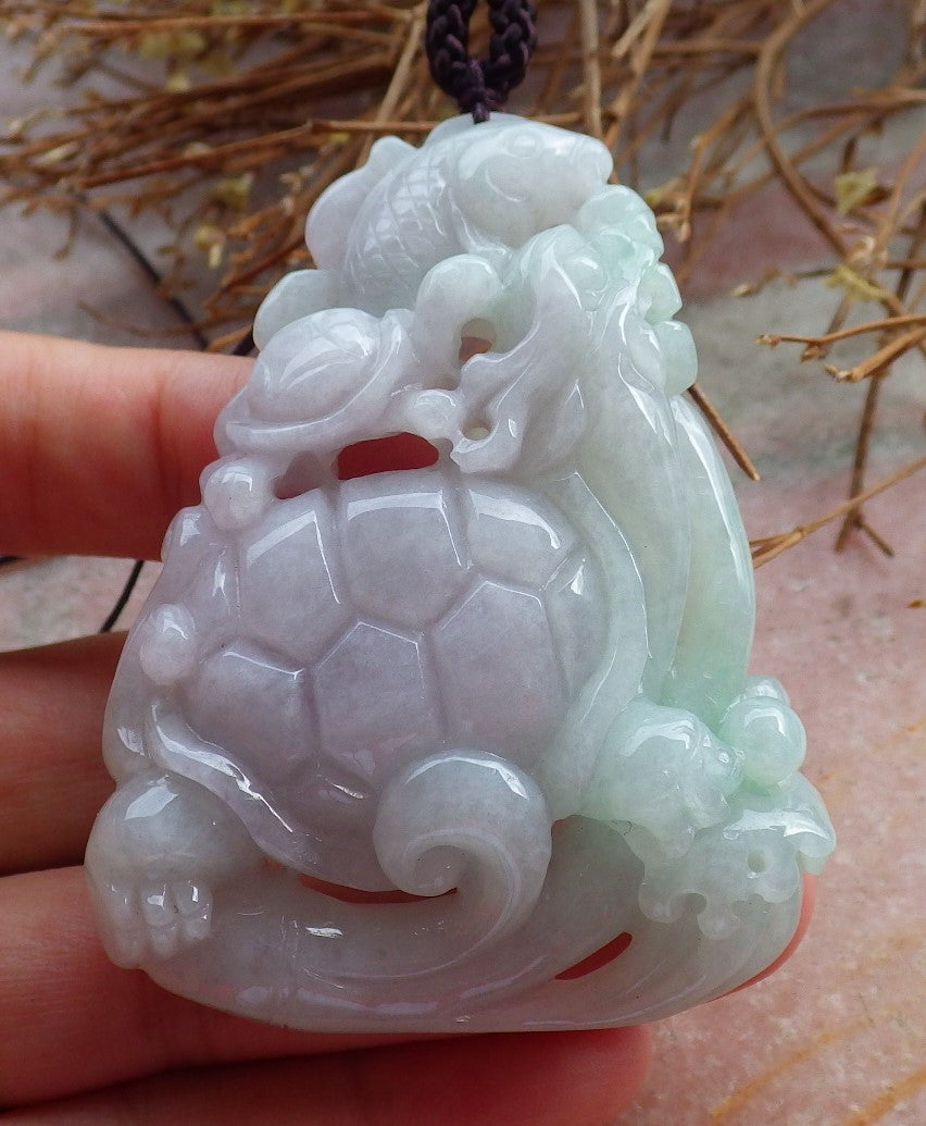 Certified Hand Carved Green 100% Natural Myanmar Burma A Jade Jadeite Dragon Turtle Fish Ruyi Pendant Necklace