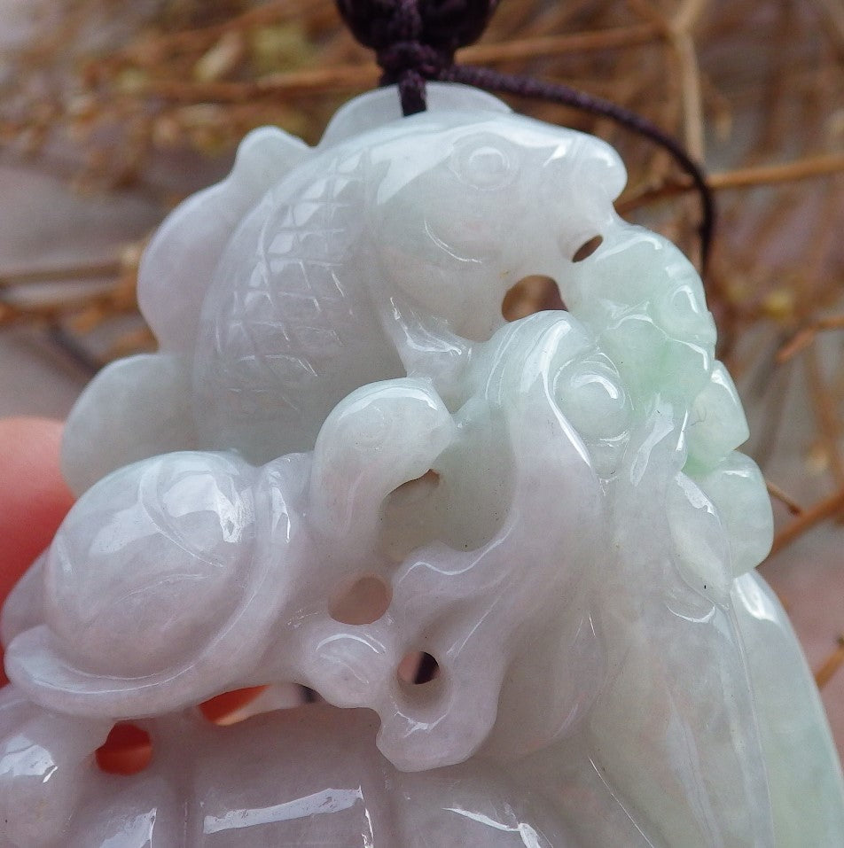 Certified Hand Carved Green 100% Natural Myanmar Burma A Jade Jadeite Dragon Turtle Fish Ruyi Pendant Necklace