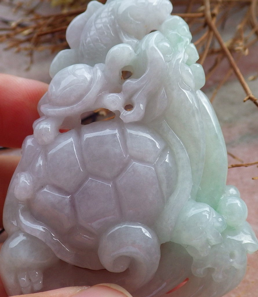 Certified Hand Carved Green 100% Natural Myanmar Burma A Jade Jadeite Dragon Turtle Fish Ruyi Pendant Necklace