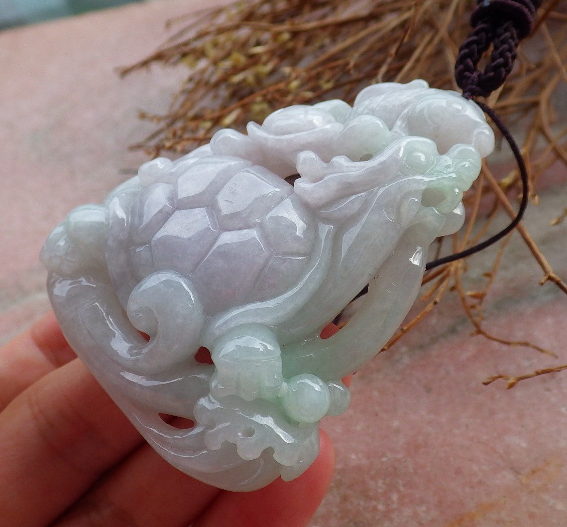 Certified Hand Carved Green 100% Natural Myanmar Burma A Jade Jadeite Dragon Turtle Fish Ruyi Pendant Necklace