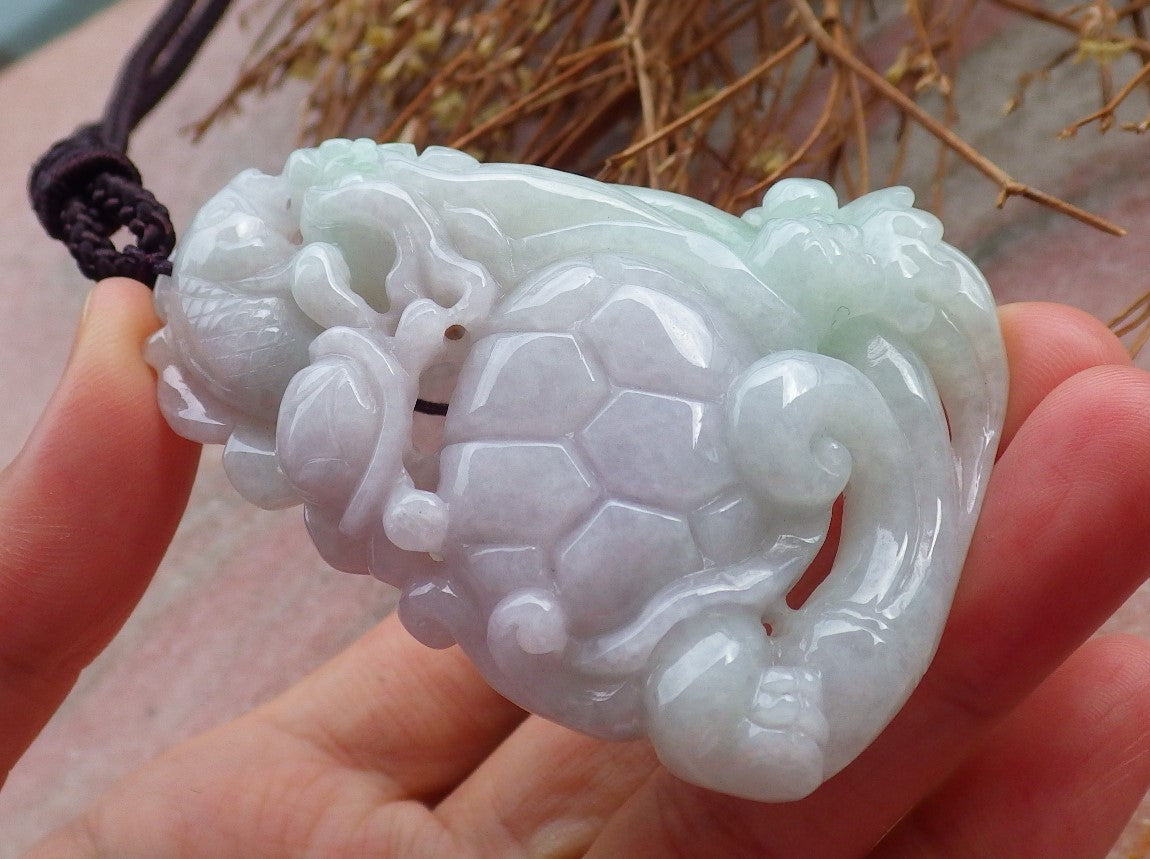 Certified Hand Carved Green 100% Natural Myanmar Burma A Jade Jadeite Dragon Turtle Fish Ruyi Pendant Necklace