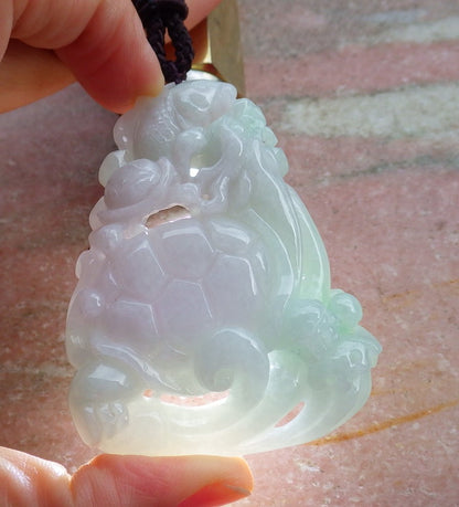 Certified Hand Carved Green 100% Natural Myanmar Burma A Jade Jadeite Dragon Turtle Fish Ruyi Pendant Necklace