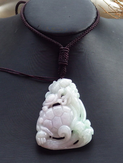 Certified Hand Carved Green 100% Natural Myanmar Burma A Jade Jadeite Dragon Turtle Fish Ruyi Pendant Necklace