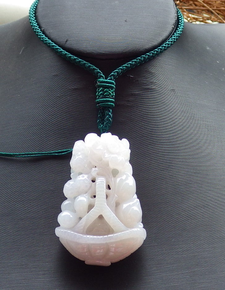 Certified Hand Carved Green Natural Burma A Jade Jadeite Flower Peanut Basket Pendant Necklace