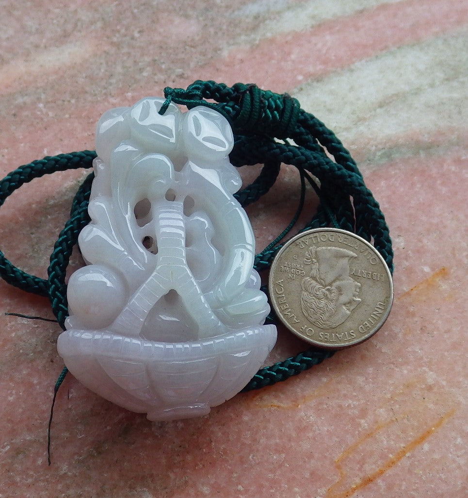 Certified Hand Carved Green Natural Burma A Jade Jadeite Flower Peanut Basket Pendant Necklace