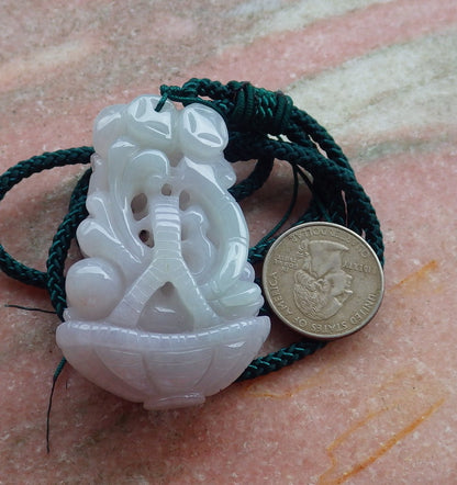 Certified Hand Carved Green Natural Burma A Jade Jadeite Flower Peanut Basket Pendant Necklace