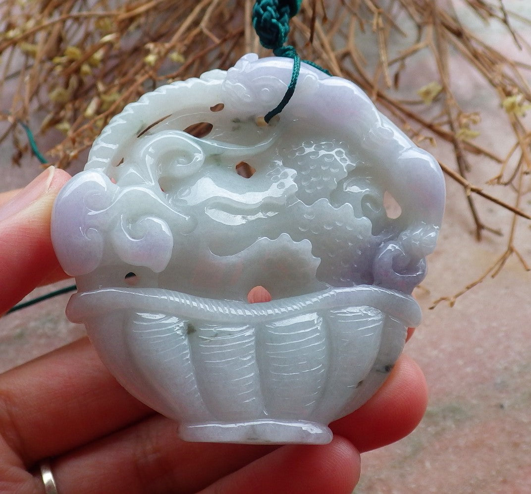 Certified Hand Carved Lavender Green Natural Myanmar Burma A Jade Jadeite Dragon Pi Xiu Cabbage Basket Pendant Necklace