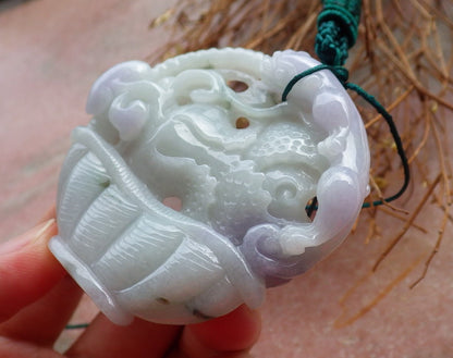 Certified Hand Carved Lavender Green Natural Myanmar Burma A Jade Jadeite Dragon Pi Xiu Cabbage Basket Pendant Necklace