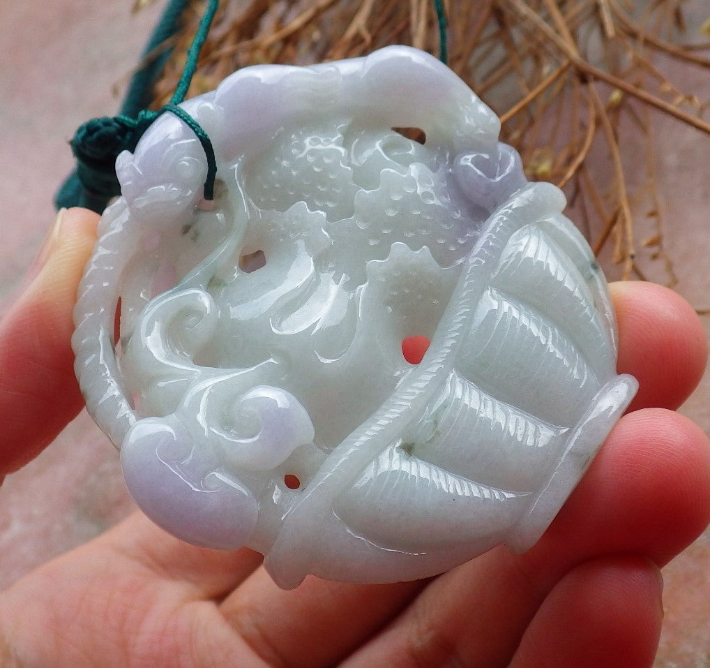 Certified Hand Carved Lavender Green Natural Myanmar Burma A Jade Jadeite Dragon Pi Xiu Cabbage Basket Pendant Necklace