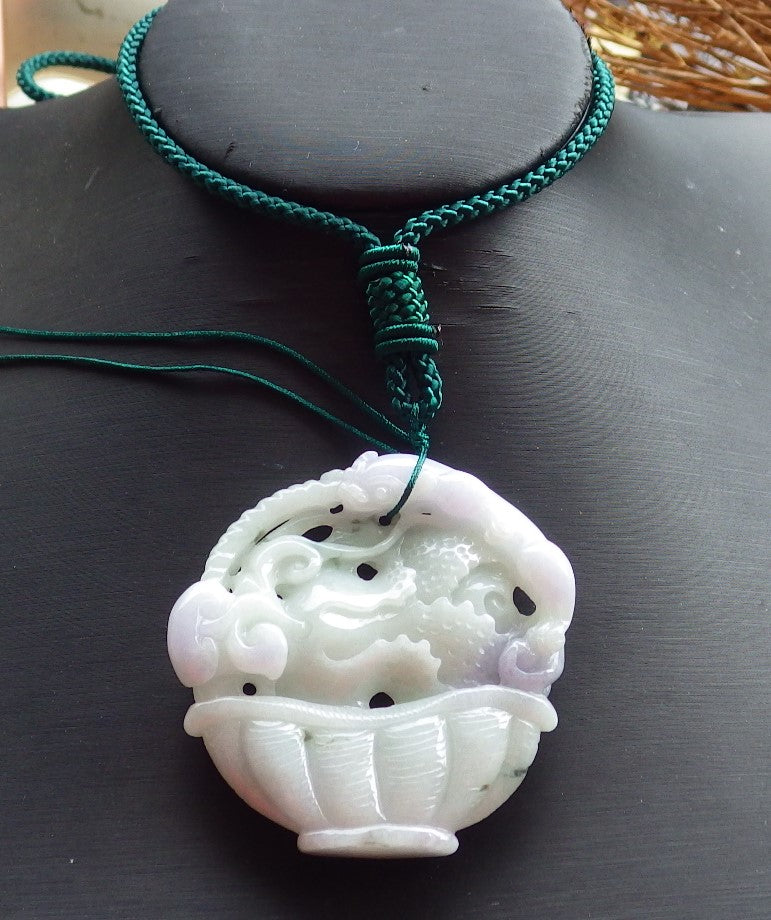 Certified Hand Carved Lavender Green Natural Myanmar Burma A Jade Jadeite Dragon Pi Xiu Cabbage Basket Pendant Necklace