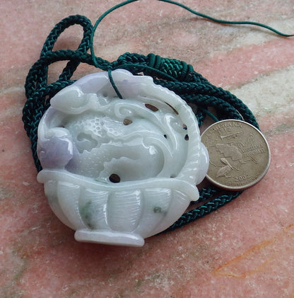 Certified Hand Carved Lavender Green Natural Myanmar Burma A Jade Jadeite Dragon Pi Xiu Cabbage Basket Pendant Necklace