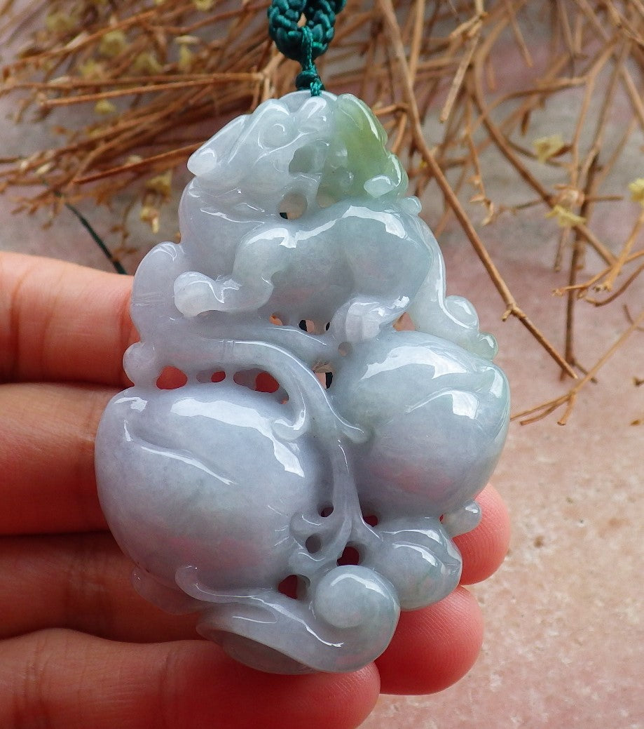 Certified Hand Carved Green Natural Myanmar Burma A Jade Jadeite Dragon Pi Xiu Peach Pendant Necklace