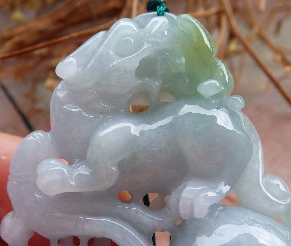 Certified Hand Carved Green Natural Myanmar Burma A Jade Jadeite Dragon Pi Xiu Peach Pendant Necklace