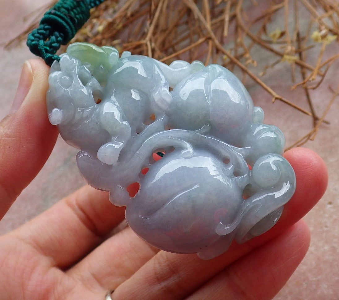 Certified Hand Carved Green Natural Myanmar Burma A Jade Jadeite Dragon Pi Xiu Peach Pendant Necklace