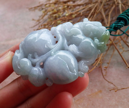 Certified Hand Carved Green Natural Myanmar Burma A Jade Jadeite Dragon Pi Xiu Peach Pendant Necklace