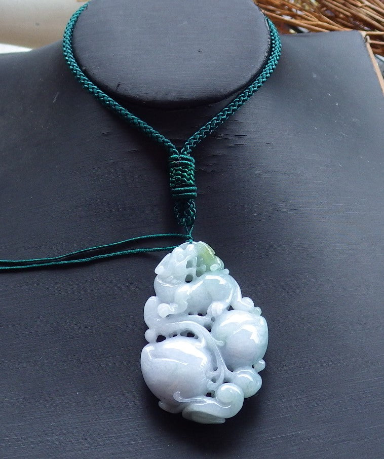 Certified Hand Carved Green Natural Myanmar Burma A Jade Jadeite Dragon Pi Xiu Peach Pendant Necklace