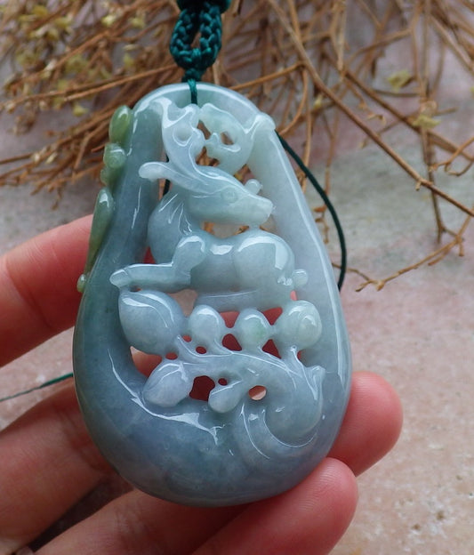 Certified Hand Carved Icy Green Myanmar Burma 100% Natural A Jade jadeite Deer Flower Pendant Necklace