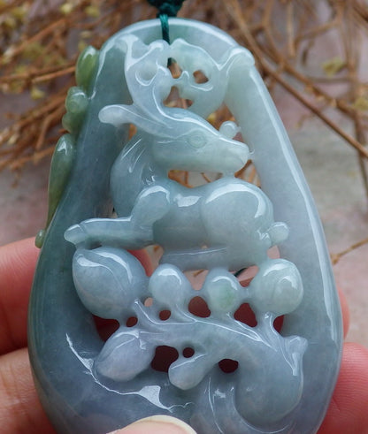 Certified Hand Carved Icy Green Myanmar Burma 100% Natural A Jade jadeite Deer Flower Pendant Necklace