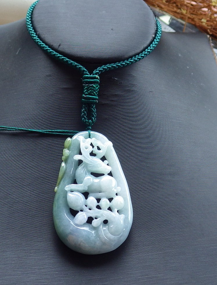 Certified Hand Carved Icy Green Myanmar Burma 100% Natural A Jade jadeite Deer Flower Pendant Necklace