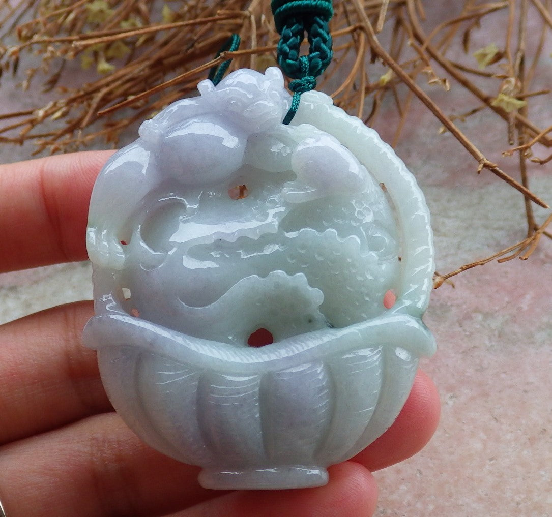 Certified Hand Carved Lavender Green Natural Myanmar Burma A Jade Jadeite Dragon Pi Xiu Cabbage Basket Pendant Necklace