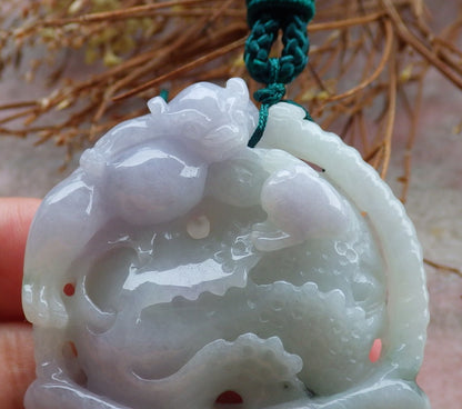 Certified Hand Carved Lavender Green Natural Myanmar Burma A Jade Jadeite Dragon Pi Xiu Cabbage Basket Pendant Necklace