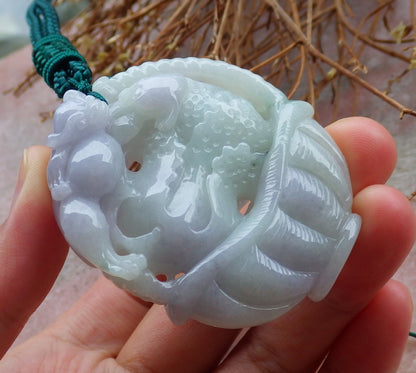 Certified Hand Carved Lavender Green Natural Myanmar Burma A Jade Jadeite Dragon Pi Xiu Cabbage Basket Pendant Necklace