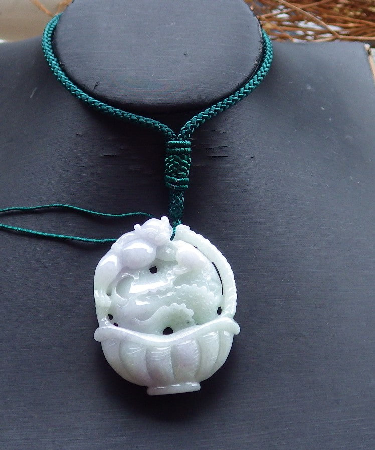 Certified Hand Carved Lavender Green Natural Myanmar Burma A Jade Jadeite Dragon Pi Xiu Cabbage Basket Pendant Necklace