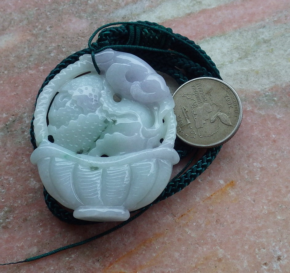 Certified Hand Carved Lavender Green Natural Myanmar Burma A Jade Jadeite Dragon Pi Xiu Cabbage Basket Pendant Necklace