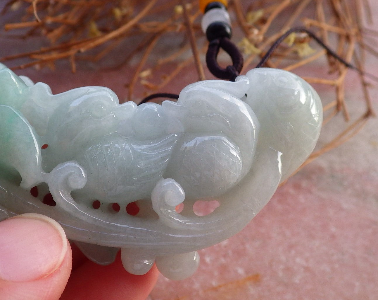 Certified Natural Myanmar Burma Hand Carved Grade A Green Jade jadeite Mandarin Duck Phoenix Fish Lotus Pendant Necklace