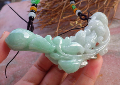 Certified Natural Myanmar Burma Hand Carved Grade A Green Jade jadeite Mandarin Duck Phoenix Fish Lotus Pendant Necklace