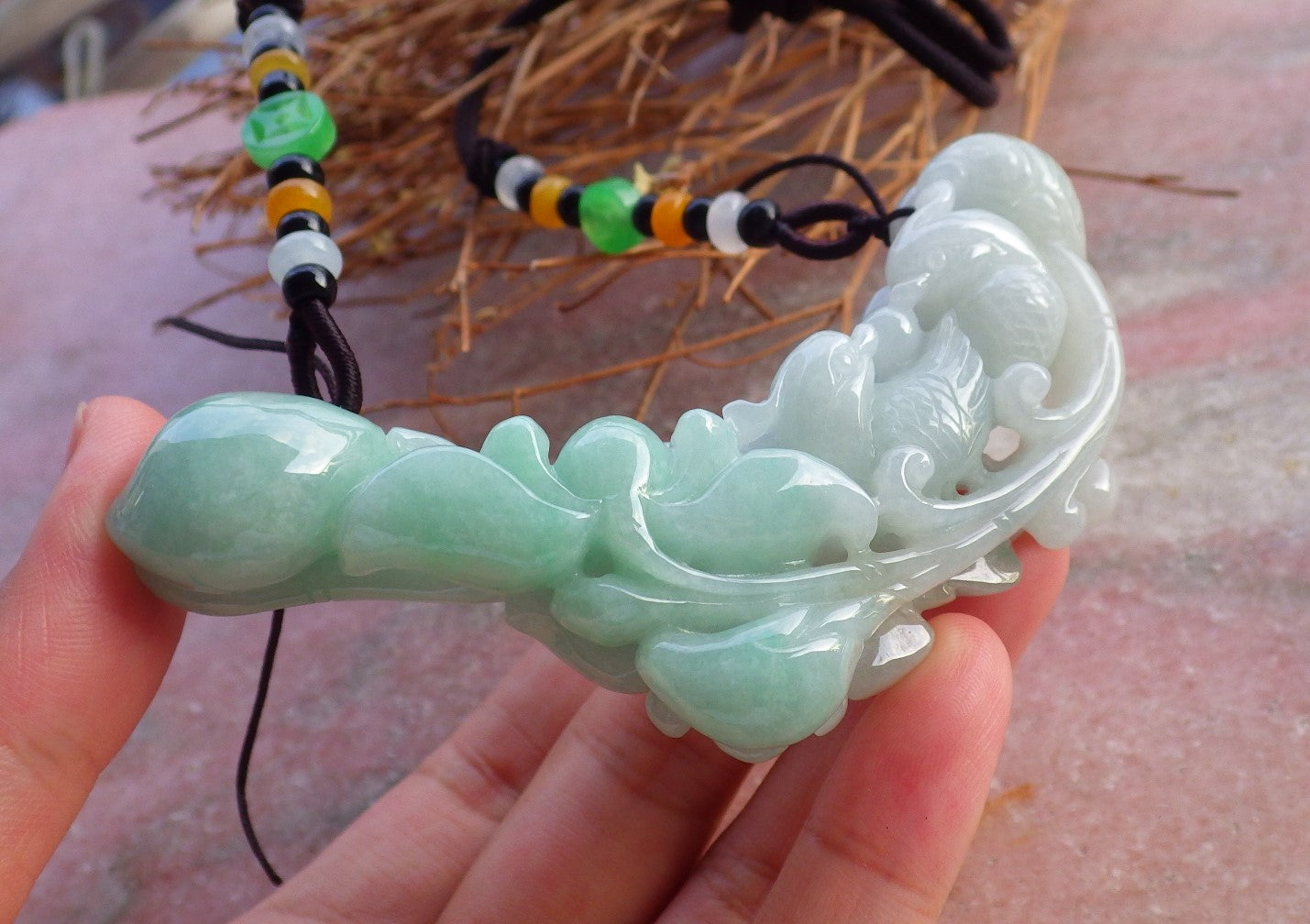 Certified Natural Myanmar Burma Hand Carved Grade A Green Jade jadeite Mandarin Duck Phoenix Fish Lotus Pendant Necklace