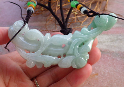 Certified Natural Myanmar Burma Hand Carved Grade A Green Jade jadeite Mandarin Duck Phoenix Fish Lotus Pendant Necklace