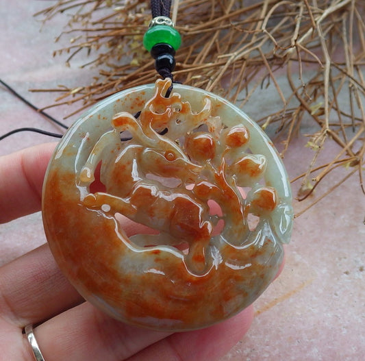 Certified Hand Carved Red Green Natural Myanmar Burma Grade A Jade jadeite Deer Peach Circle Pendant Necklace