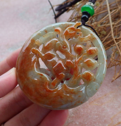 Certified Hand Carved Red Green Natural Myanmar Burma Grade A Jade jadeite Deer Peach Circle Pendant Necklace