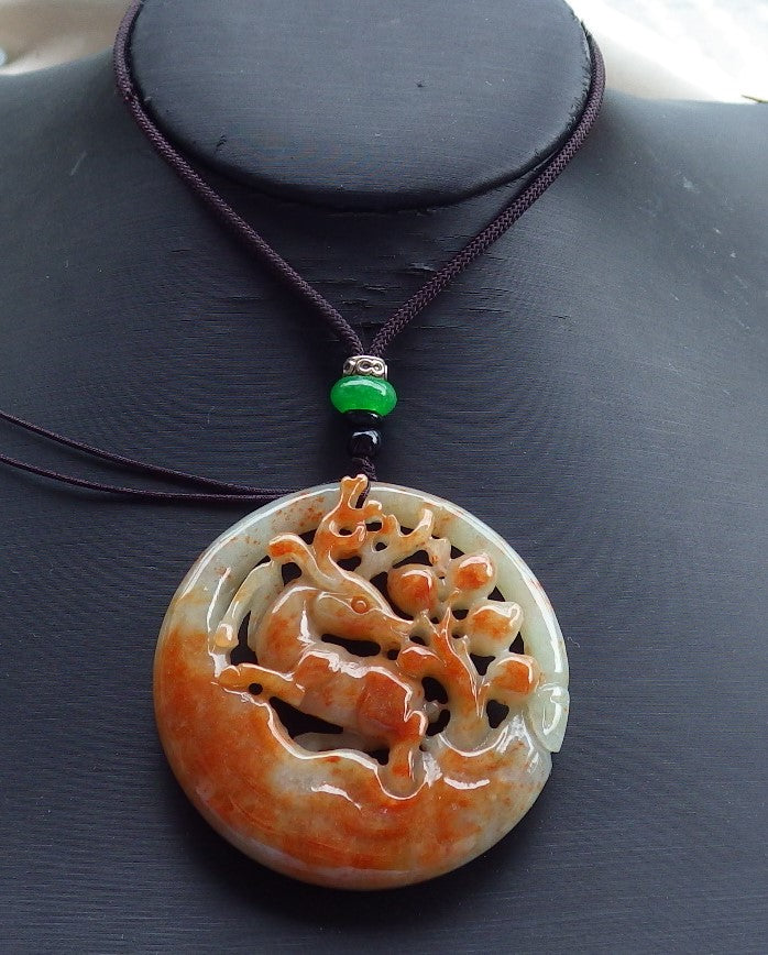 Certified Hand Carved Red Green Natural Myanmar Burma Grade A Jade jadeite Deer Peach Circle Pendant Necklace