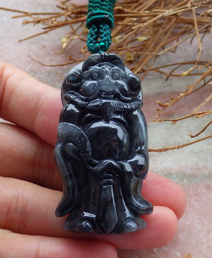 Certified Hand Carved Black Natural Myanmar Burma A Jade jadeite Zhong Kui God Bat Fan Lucky Amulet Pendant Necklace