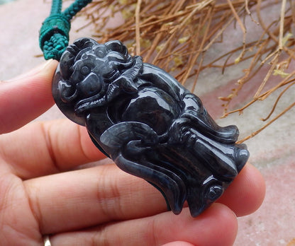 Certified Hand Carved Black Natural Myanmar Burma A Jade jadeite Zhong Kui God Bat Fan Lucky Amulet Pendant Necklace