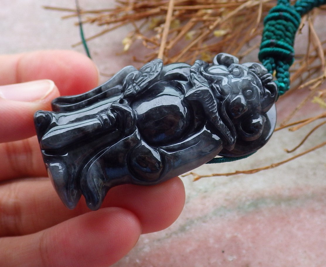 Certified Hand Carved Black Natural Myanmar Burma A Jade jadeite Zhong Kui God Bat Fan Lucky Amulet Pendant Necklace