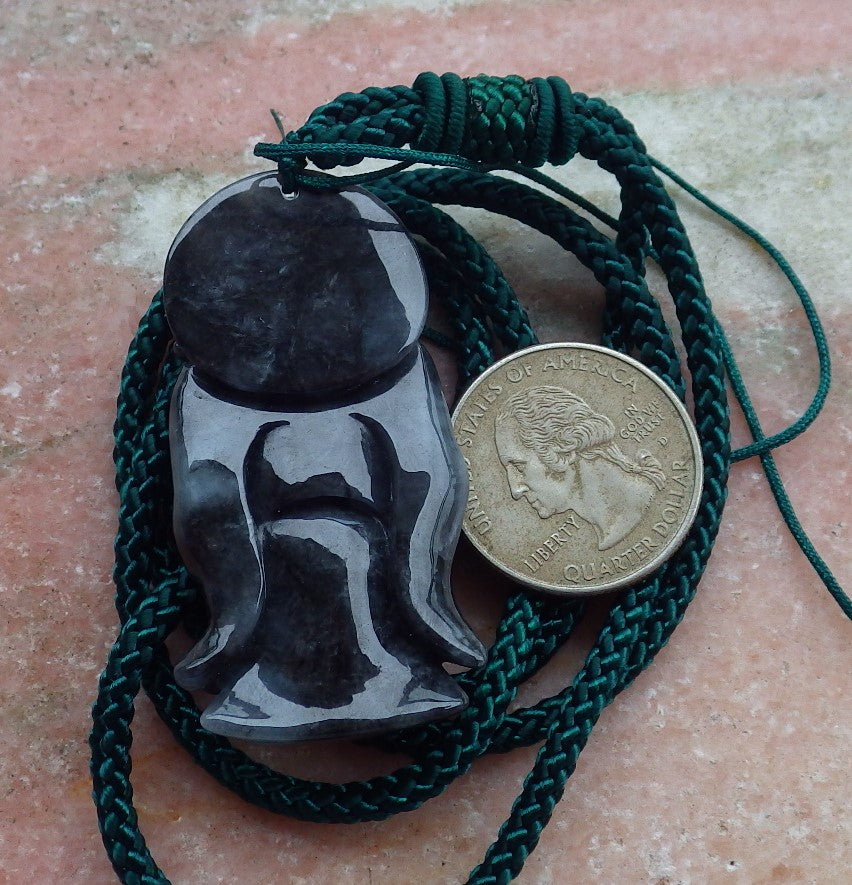 Certified Hand Carved Black Natural Myanmar Burma A Jade jadeite Zhong Kui God Bat Fan Lucky Amulet Pendant Necklace