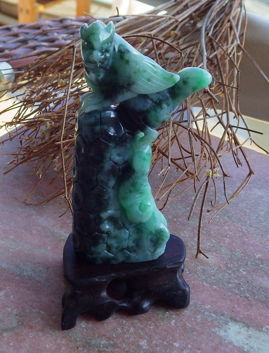 Certified Hand Carved Natural Green Myanmar Burma A Jade jadeite Flying Dragon Display with Wood Stand