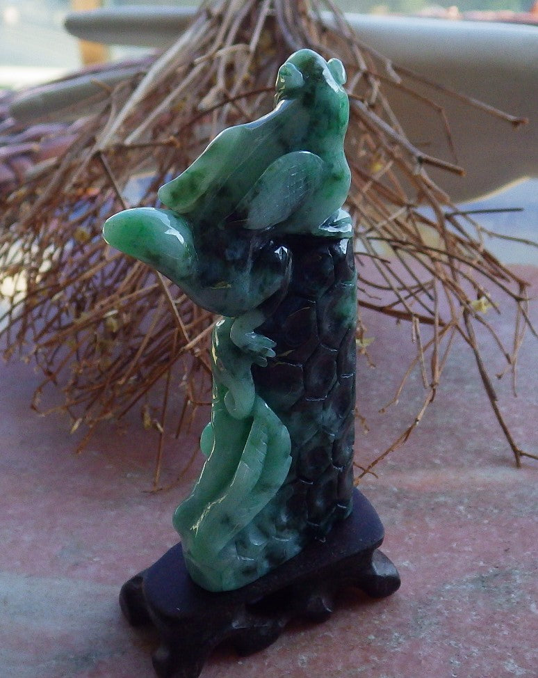 Certified Hand Carved Natural Green Myanmar Burma A Jade jadeite Flying Dragon Display with Wood Stand