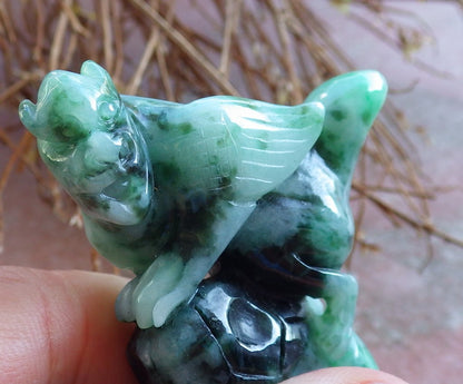 Certified Hand Carved Natural Green Myanmar Burma A Jade jadeite Flying Dragon Display with Wood Stand