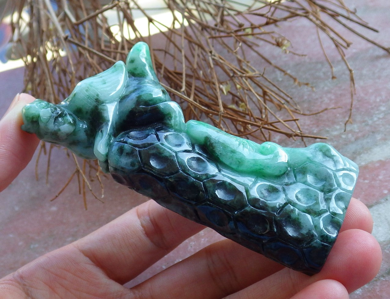 Certified Hand Carved Natural Green Myanmar Burma A Jade jadeite Flying Dragon Display with Wood Stand