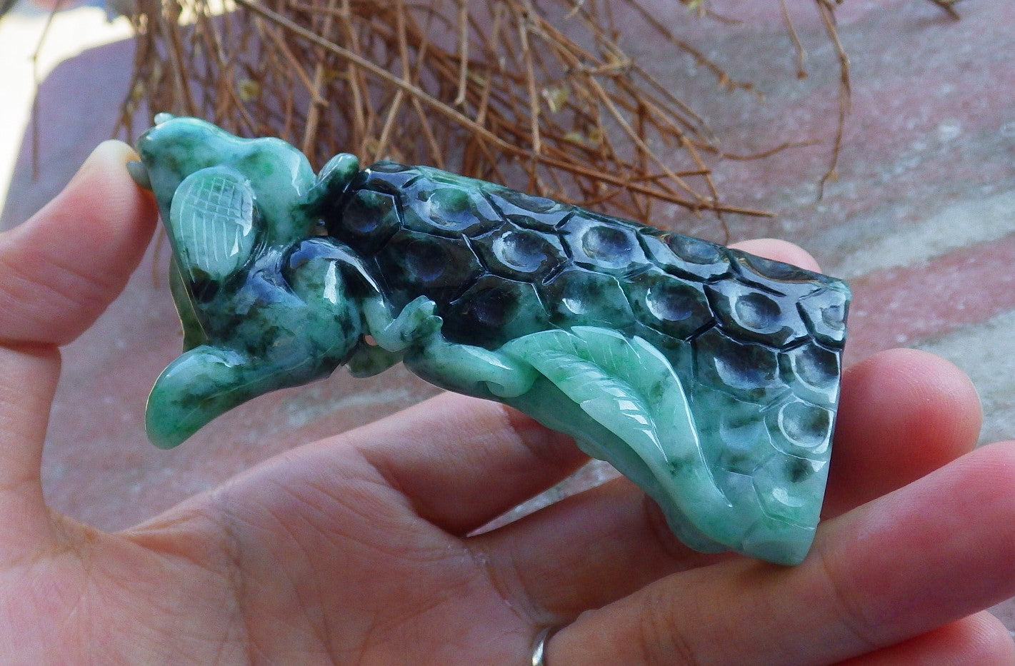 Certified Hand Carved Natural Green Myanmar Burma A Jade jadeite Flying Dragon Display with Wood Stand